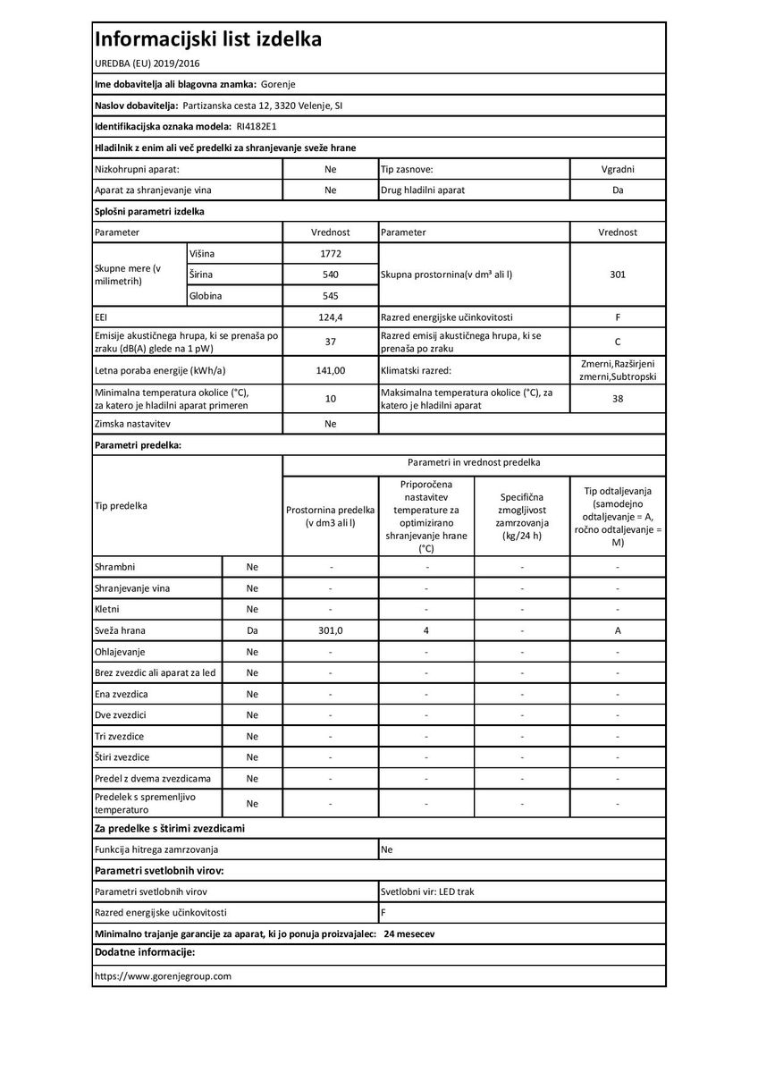 Vgradni integrirani hladilnik Gorenje RI4182E1 eksponat